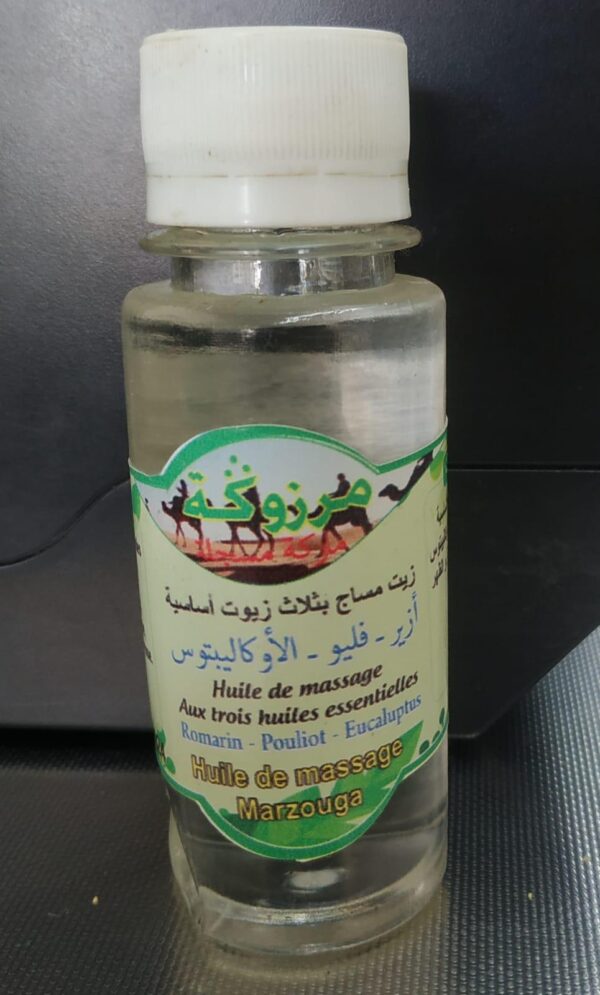 HUILE DE MASSAGE AUX TROIS HUILE ROMARIN POULIOT EUCALUPTUS MARZOUGA 60ML